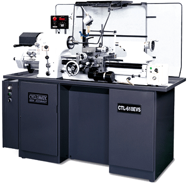 Photo of the Cyclematic CTL-618-EVS electronic variable speed drive precision toolroom lathe built on a Hardinge style dovetail bed