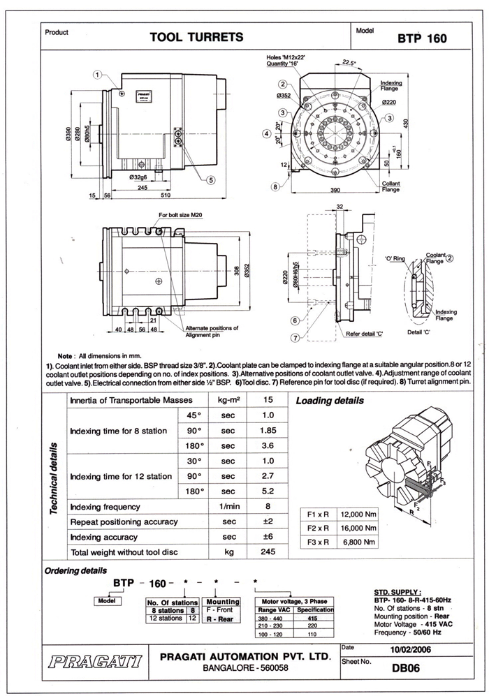 Pragati BTP160 CNC lathe turret specs and drawings